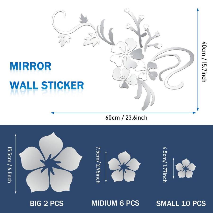 53 Pieces 3D Acrylic Mirror Floral Wall Sticker 3D Sakura Mirrors Wall Stic｜pinkcarat｜04