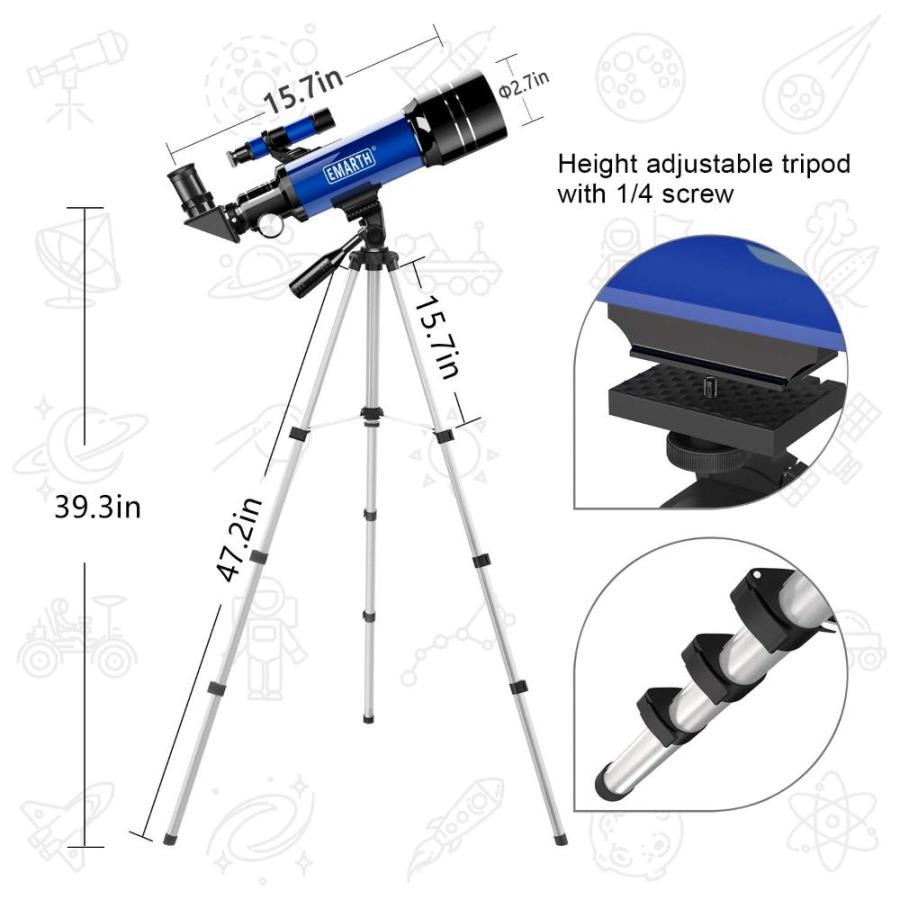 SALE公式 Emarth ポータブル望遠鏡 70mm 屈折式 三脚とファインダースコープ付属 子供や初心者向け (ブルー)