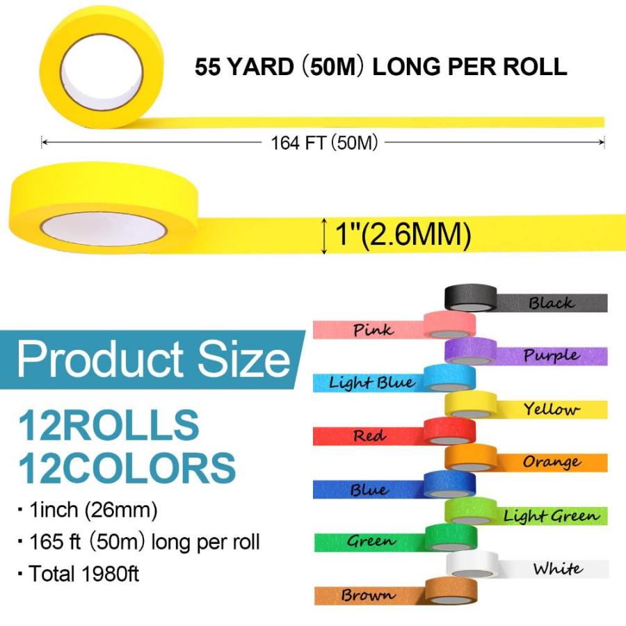 【超特価sale開催】 12 Rolls Colored Painters Tape Bulk， 1 Inch by 55 Yards Wide Multicolor Mas