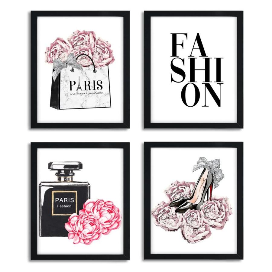 Framed Fashion Wall Art Print Set of 4 Woman Pink Rose Prints Black