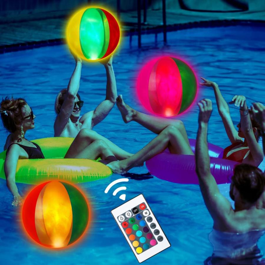 6セット 夏のプールのおもちゃ 16インチ インフレータブルLEDビーチボール リモコンと16色のライト付き 暗闇で光るビーチボール ティーン