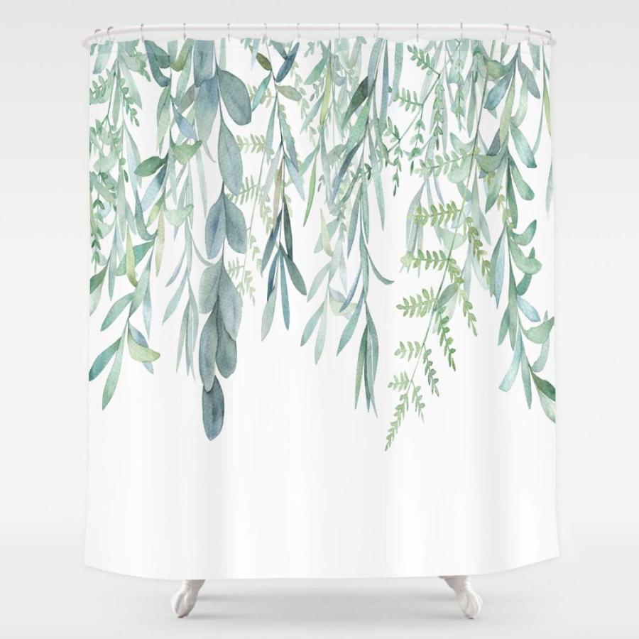 新品即決 Gibelle 緑の植物の葉 シャワーカーテン 水彩ユーカリの葉 ボタニカルフローラルパターン生地 バスルーム装飾 キュートでシンプルなホワイト 春夏