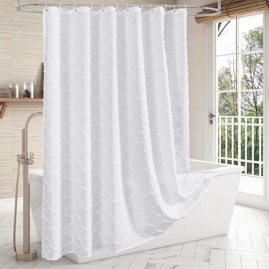 お得セット MitoVilla White Boho Fabric Shower Curtain with Tufted， Modern Farmhouse Cl