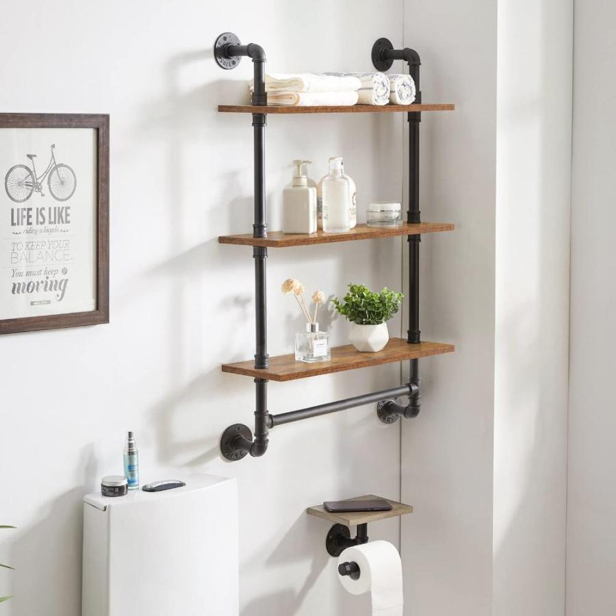 IBUYKE　Industrial　Pipe　Bookcase,3-Tier　inches　Wall　Sh　Mount　Shelf,40.5　Wall