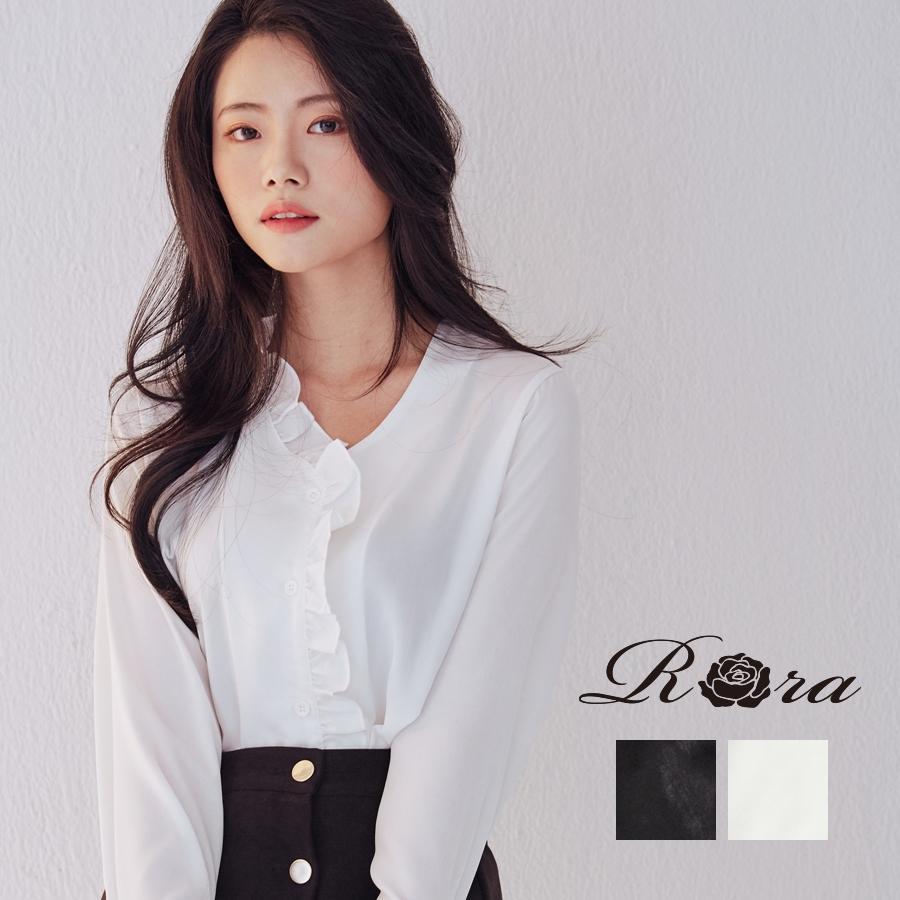 ブラウス レディース シャツ 襟なしブラウス ブラック ホワイト フリル オフィス カジュアル 白 Rora 通販 Yahoo ショッピング