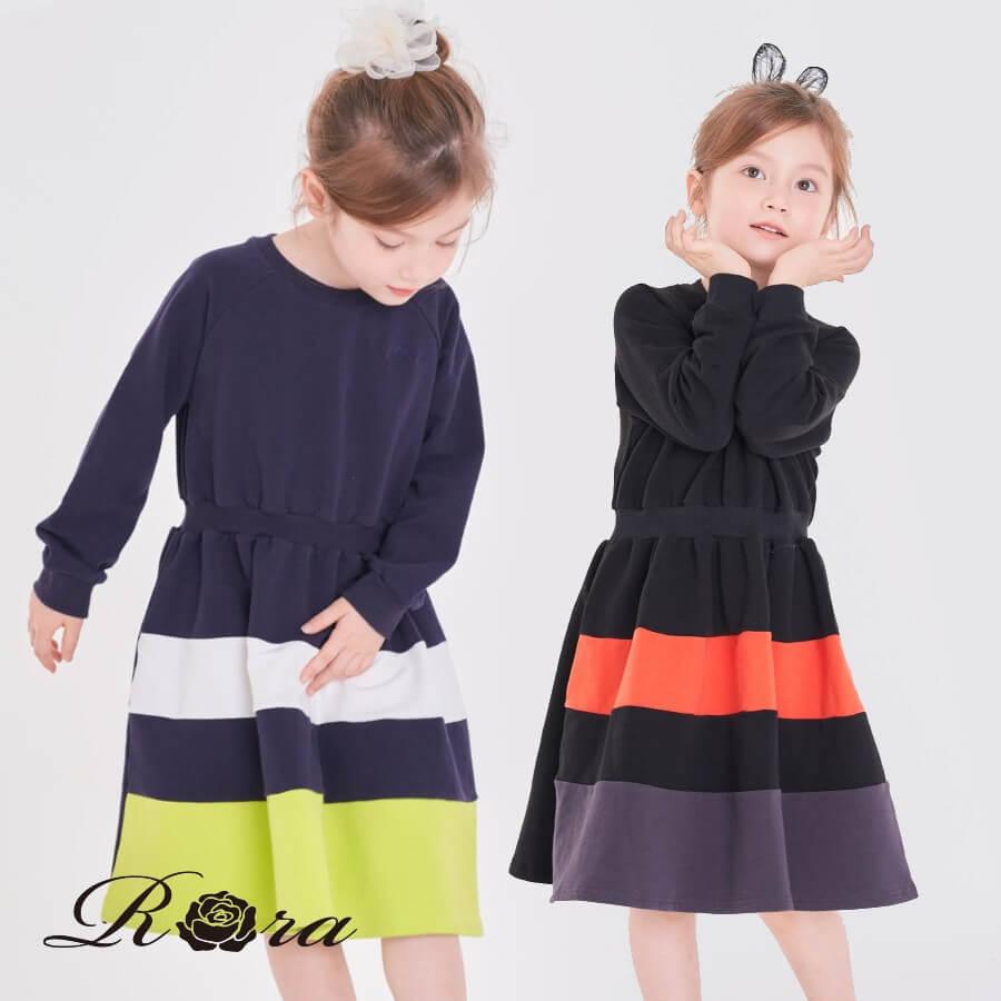 子供 長袖 ワンピース 女の子 蛍光色 ビビットカラー 秋 冬 シンプル 可愛い ネイビー ブラック 黒 22新作モデル