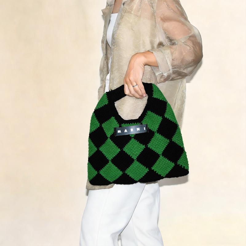 マルニマーケット　チェックバッグ　ブラック×グリーン MARNI MARKET マルニ グリーン マルニマーケット テックウール ミニ