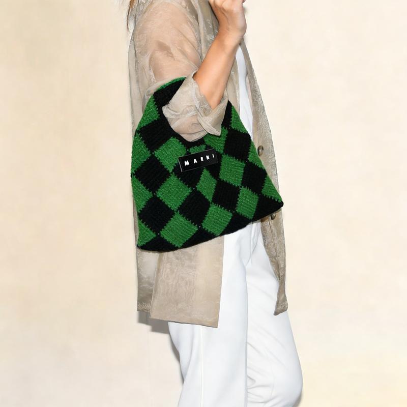 マルニマーケット　チェックバッグ　ブラック×グリーン MARNI MARKET マルニ グリーン マルニマーケット テックウール ミニ