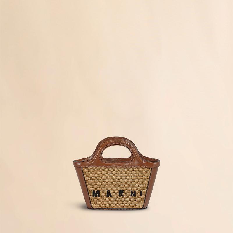 【超美品・綺麗】MARNI ブラウン TROPICALIA BAG MICRO MARNI（マルニ） ブラウン レザー ラフィアエフェクト ファブリック製