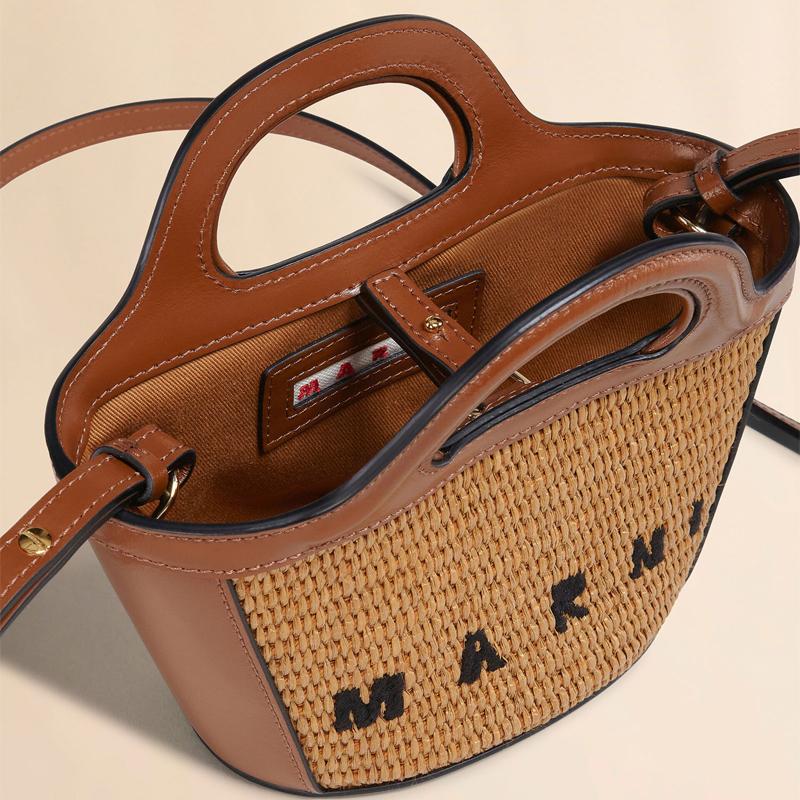 【超美品・綺麗】MARNI ブラウン TROPICALIA BAG MICRO MARNI（マルニ） ブラウン レザー ラフィアエフェクト ファブリック製