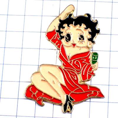 ピンバッジ・緑色のグラスお酒ベティちゃん赤いドレス女の子セクシー 
