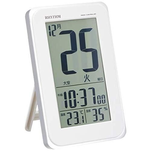 リズム(RHYTHM) 目覚まし時計 電波時計 電子音アラーム 温度 湿度 日めくり カレンダー 六曜 ライト付き 白 12.8x8.2x2.3 | 
