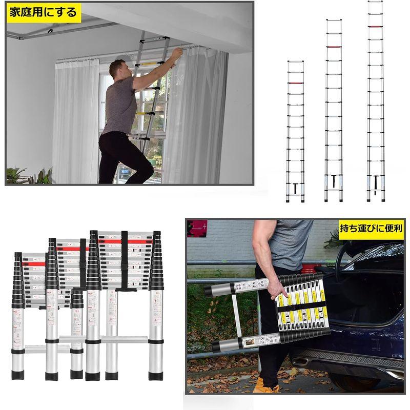 信頼 BOWEITI伸縮はしご 3.8m アルミはしご 耐荷重150kg 持ち運びやすい 折り畳み 伸縮梯子 室内室外両用 安全ロック 日本語説明