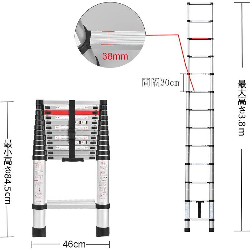 信頼 BOWEITI伸縮はしご 3.8m アルミはしご 耐荷重150kg 持ち運びやすい 折り畳み 伸縮梯子 室内室外両用 安全ロック 日本語説明