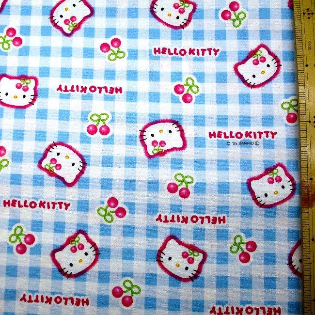 キャラクター 生地 布 キティ （ サクランボ チェック ブルー系 ) 柄