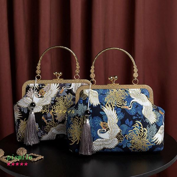 鶴柄 菊 がま口ポーチ ショルダーバッグ パーティーバッグ 和風 鶴柄 菊 がま口ポーチ ショルダーバッグ パーティーバッグ 和風