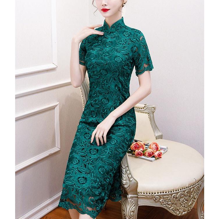 チャイナドレス ワンピースパーティドレス レース 刺繍 ミディアム丈 半袖 赤色 シルバー グリーン チャイナ服 エレガント 優雅 Qp 44 Pizoff 通販 Yahoo ショッピング