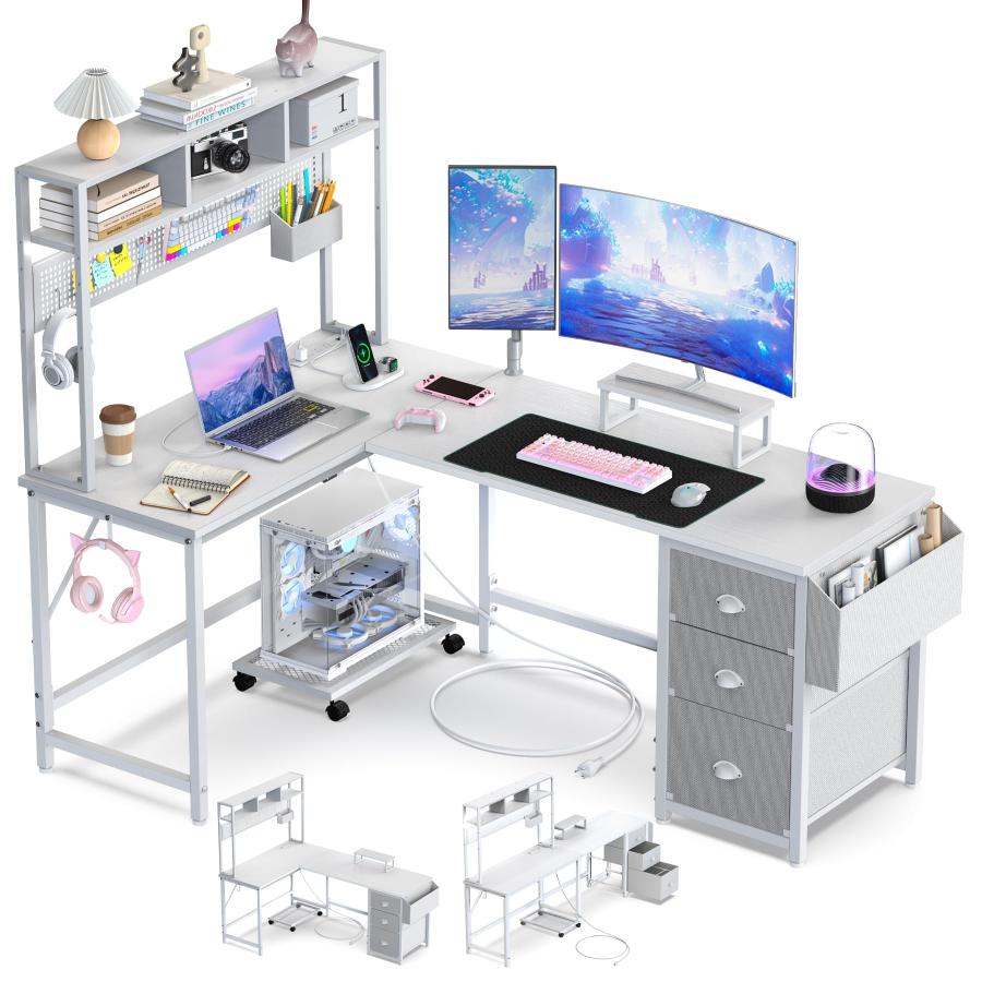 DOMICON L字デスク パソコンデスク 黒 幅169cm 引き出し付き 有孔