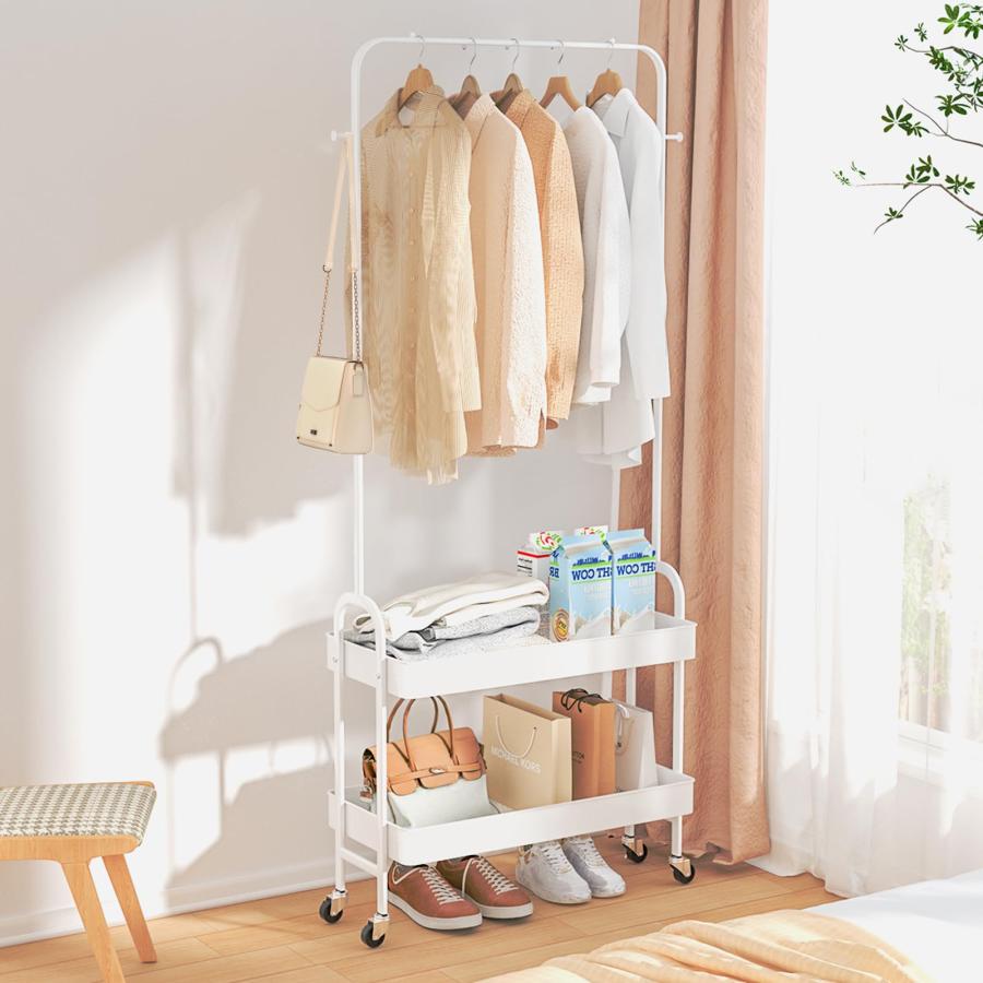 キャスター付き　ハンガーラック　棚付き　BR/WW Amazon｜川口工器 ハンガーラック 棚付き 木製 ホワイト