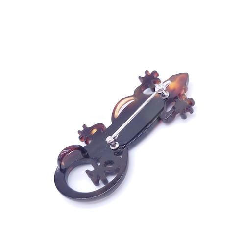 本べっ甲 ブローチ  トカゲ アンティーク風 蒔絵 ダイヤ シルバー Cカン 至極 一品 ペンダント （B-066）の画像