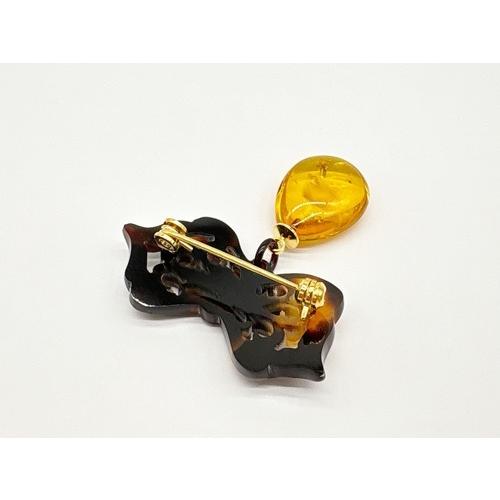 本べっ甲 ブローチ（B-094） 琥珀 バルティックアンバー 透かし彫り 雫形 リボン 上品 職人技の画像
