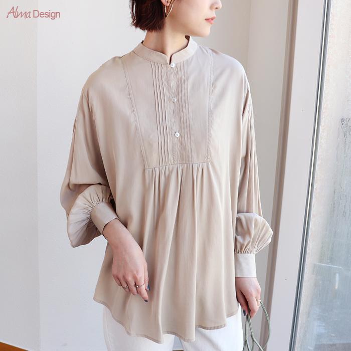 ノーカラーシャツブラウス レディース ノーカラー ブラウス 長袖 プルオーバー ボリューム袖 ピンタック ラウンドヘム ブザム ドレス シャツ 送料無料 Plaisir プレジール 通販 Yahoo ショッピング