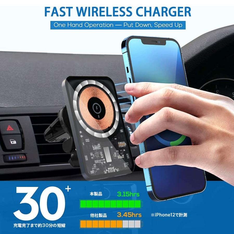 iPhone17 スケルトン車載ホルダー マグネット式ワイヤレス充電器 15W