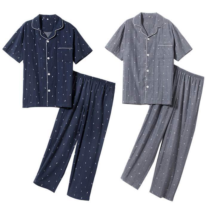 ダブルガーゼ パジャマ メンズ 半袖 前開き 綿100 夏用 ルームウェア 上下セット 2重ガーゼ 薄手 春 夏 男性 部屋着 父の日 敬老の日 返品送料無料