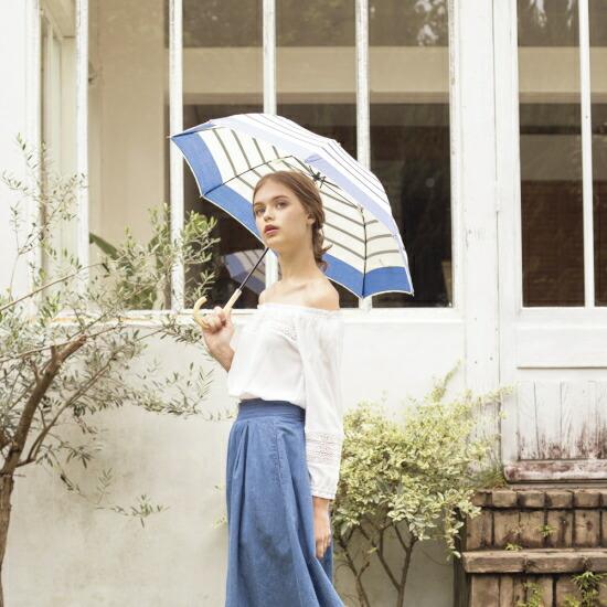 MUTAMARINE 晴雨兼用傘 ホワイト・ネイビー セール 日傘 晴雨兼用 フレンチマリン ネイビー/ホワイト(長傘 uv加工