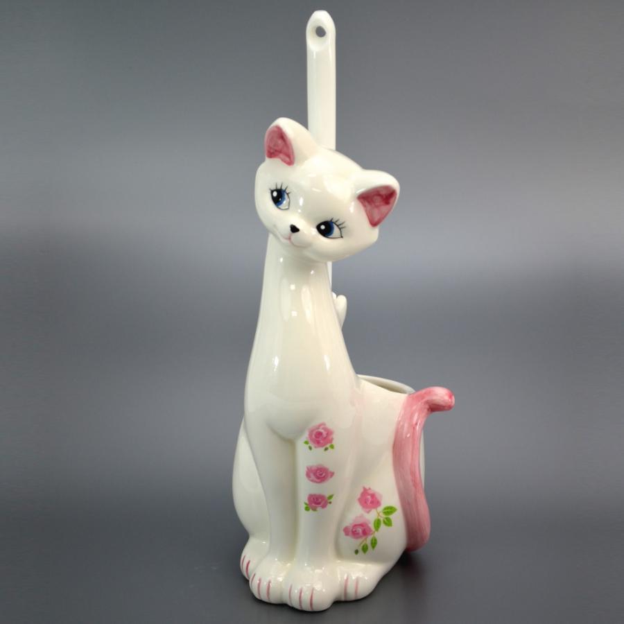 トイレブラシ立て＆ブラシ 陶器 猫 薔薇柄 三毛猫 ピンク ブルー