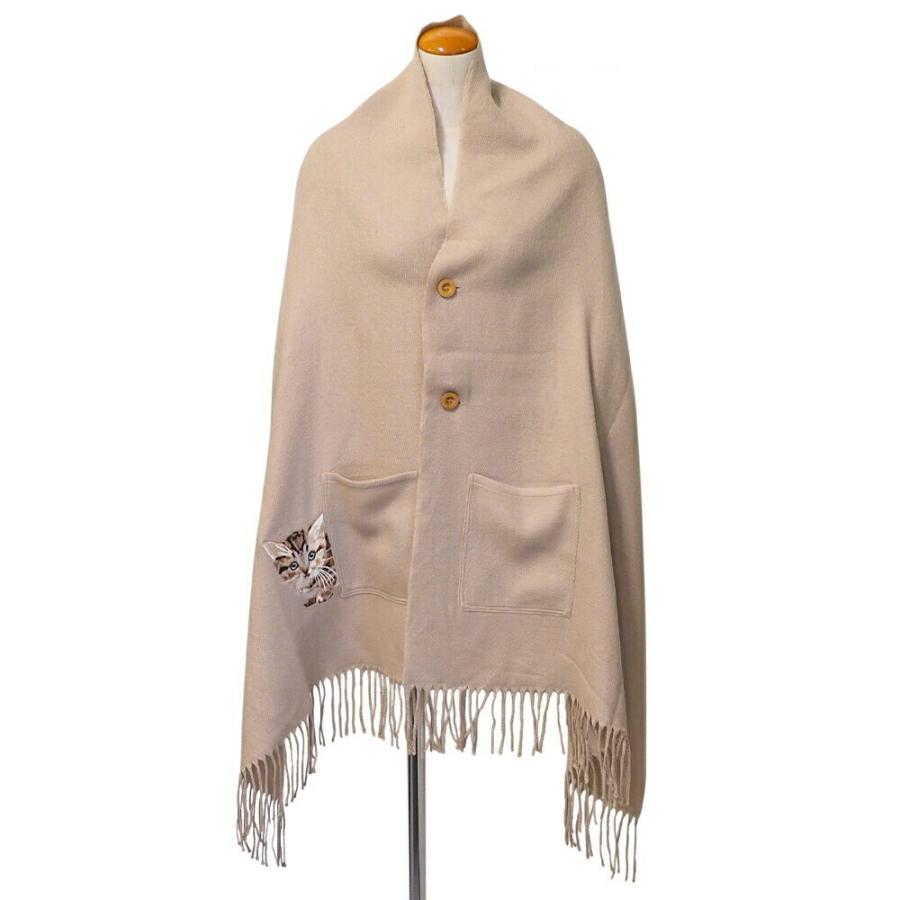 ストール 猫ポンチョ ボタン＆ポケット付 猫刺繍 ブラック モカ