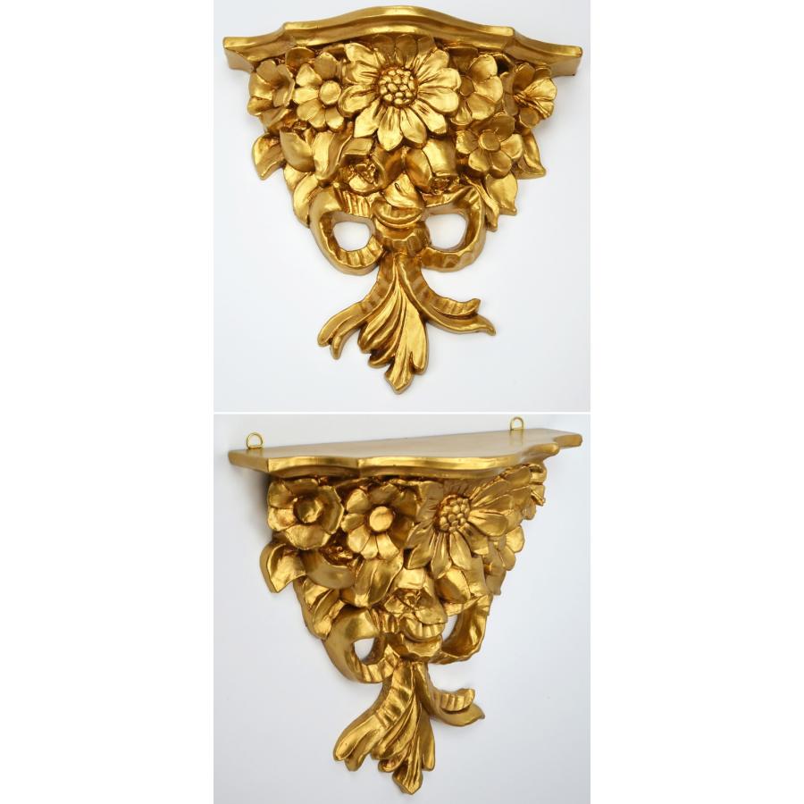 壁掛けコンソール フラワー リボン イタリア製 ゴールドウォール 棚 壁