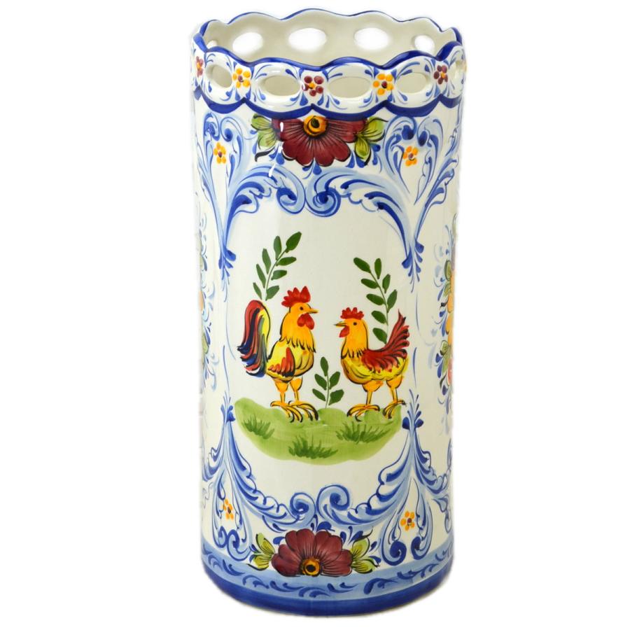 傘立て ポルトガル製 陶器 花柄 ニワトリ柄 ブルー イエロー 筒形