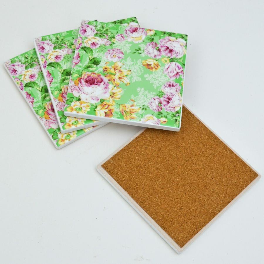 コースター 4枚セット 角型 陶器 タイル コルク 薔薇柄 花柄 馬車 厚みしっかり♬薔薇のコルクコースター４枚セット♬トールペイント♬