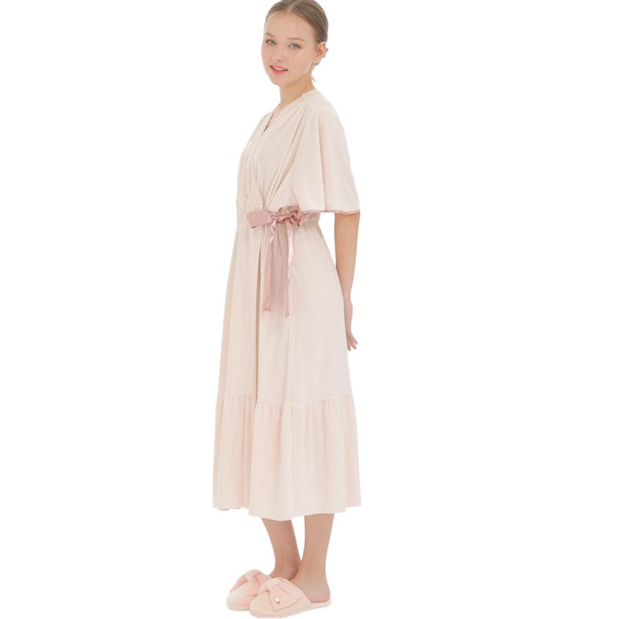 ナルエー ハイクオリティーパイルサマーローブ 半袖ガウン オフホワイト ピンク バスローブ サテンリボン ナイティ 夏物 涼しい 綿 前開き 半袖 narue Moon Tan