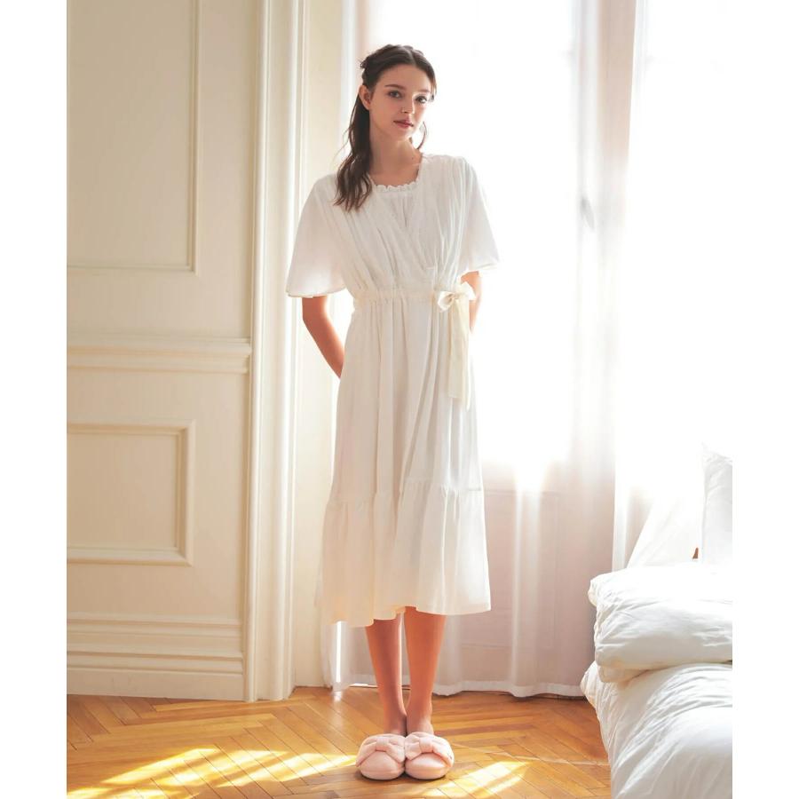 ナルエー ハイクオリティーパイルサマーローブ 半袖ガウン オフホワイト ピンク バスローブ サテンリボン ナイティ 夏物 涼しい 綿 前開き 半袖 narue Moon Tan