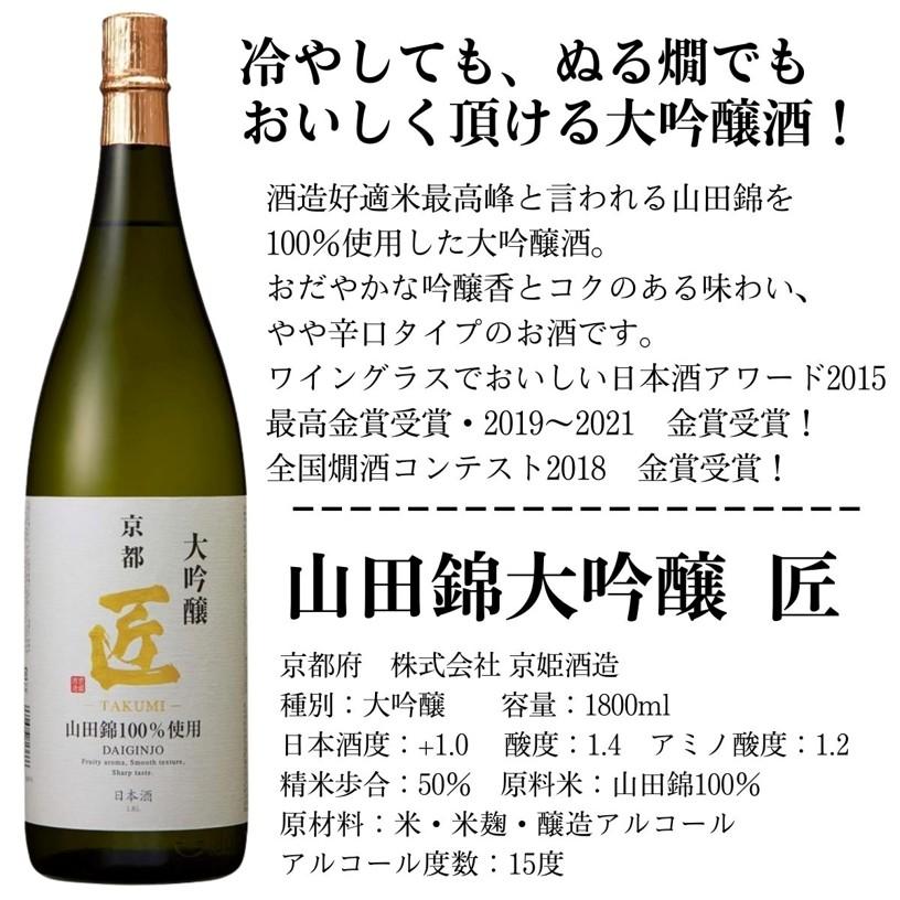 日本酒 山田錦大吟醸 匠 1800ml 京都府 京姫酒造 1.8L ワイングラスで