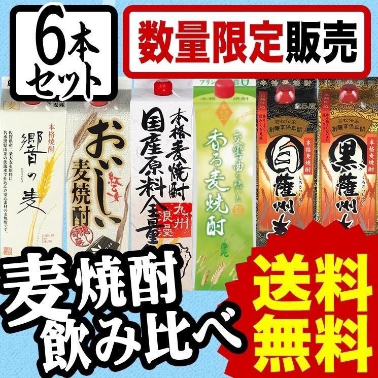 焼酎セット 送料無料 九州の蔵元 麦焼酎 1.8L 紙パック 飲み比べ 6本