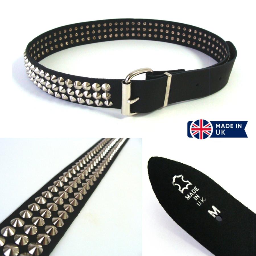 イギリス製　3-Row Conical Stud Belt 3連 コニカル スタッズ 鋲 ベルト SV/BK Made in UK｜platzts｜02