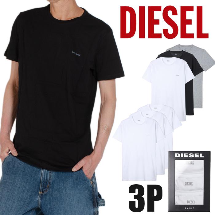 ディーゼル Tシャツ DIESEL 半袖 Tシャツ メンズ クルーネック 丸首 無地 3Pパック 3P PACK 3枚セット ホワイト 白 黒