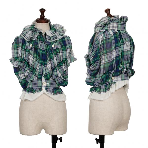 トリココムデギャルソン ギャザー 切り替えチェック 総柄 フリル ブラウス M トリココムデギャルソン ギャザー 切り替えチェック 総柄 フリル