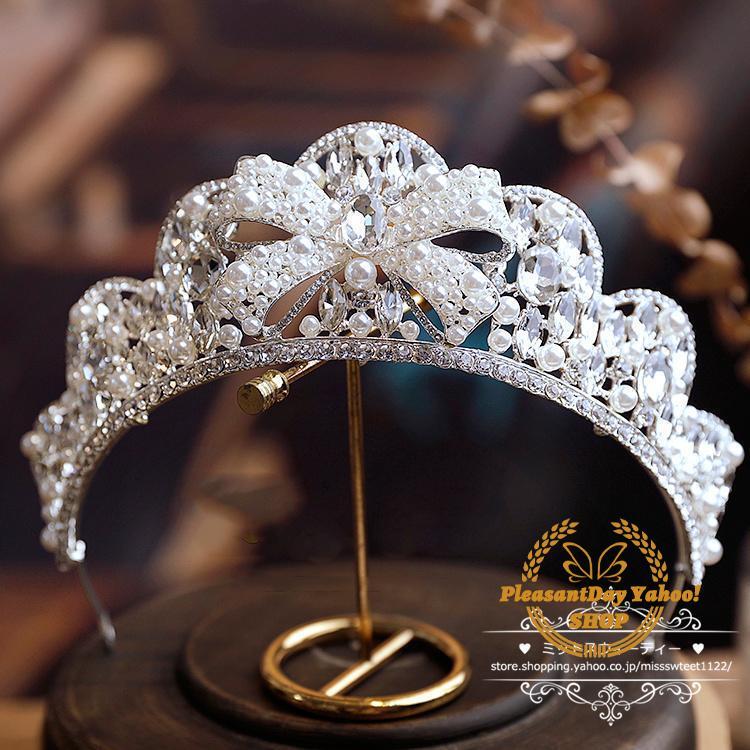 ウエディングヘッドドレス ティアラ クラウン 王冠 クリスタル リボン