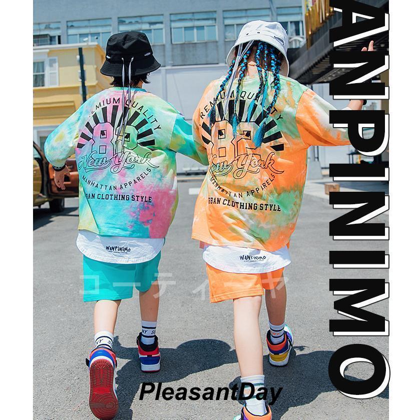 キッズダンス衣装男の子女の子ヒップホップ虹色トップスハーフパンツストリートダンスステージ衣装子供団体服ゆったり発表会120-170cm単品の画像