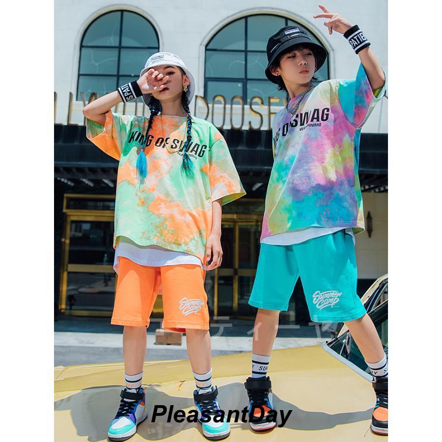 キッズダンス衣装男の子女の子ヒップホップ虹色トップスハーフパンツストリートダンスステージ衣装子供団体服ゆったり発表会120-170cm単品の画像