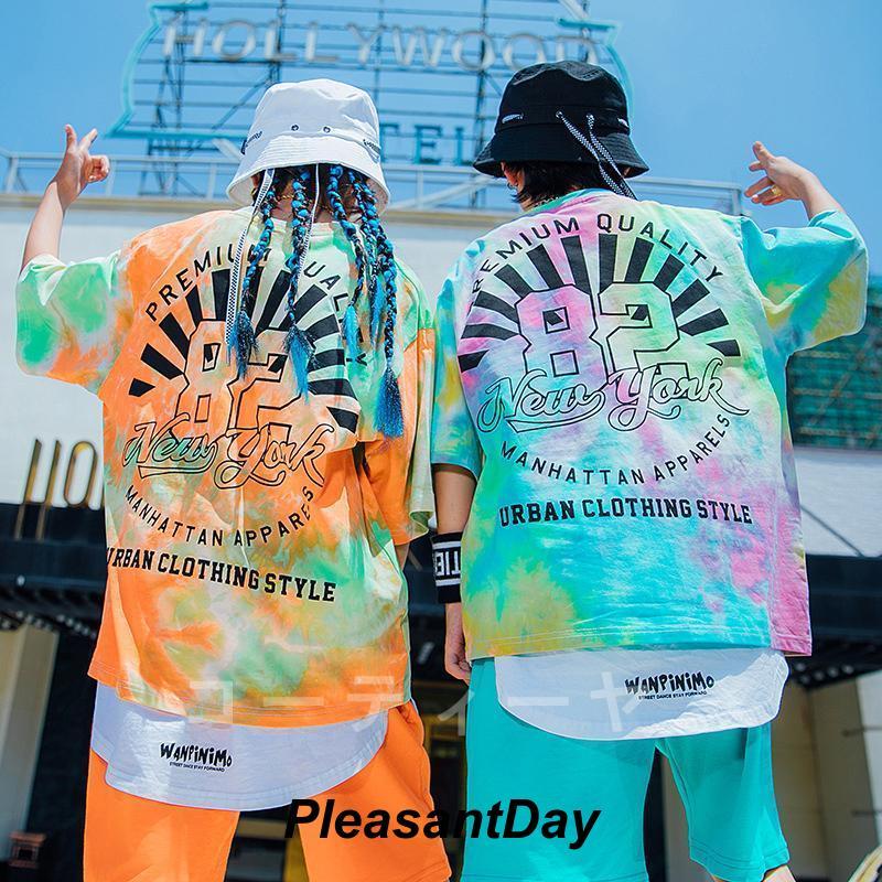 キッズダンス衣装男の子女の子ヒップホップ虹色トップスハーフパンツストリートダンスステージ衣装子供団体服ゆったり発表会120-170cm単品の画像