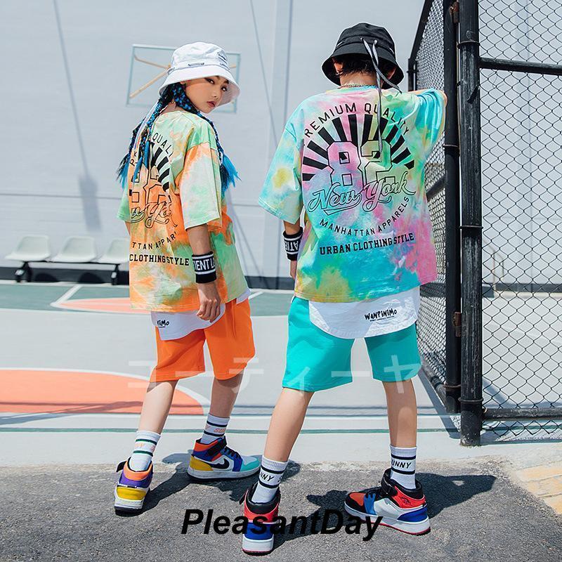 キッズダンス衣装男の子女の子ヒップホップ虹色トップスハーフパンツストリートダンスステージ衣装子供団体服ゆったり発表会120-170cm単品の画像
