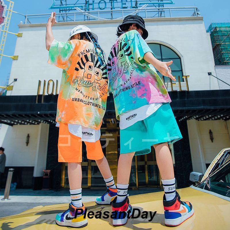キッズダンス衣装男の子女の子ヒップホップ虹色トップスハーフパンツストリートダンスステージ衣装子供団体服ゆったり発表会120-170cm単品の画像