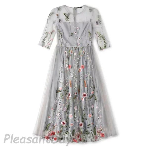 パーティードレス ミモレ丈 花柄刺繍ワンピース　20代 30代 40代　袖あり　パーティードレス レディース 結婚式 ミモレ丈 ワンピース　結婚式 二次会 謝恩会 成の画像