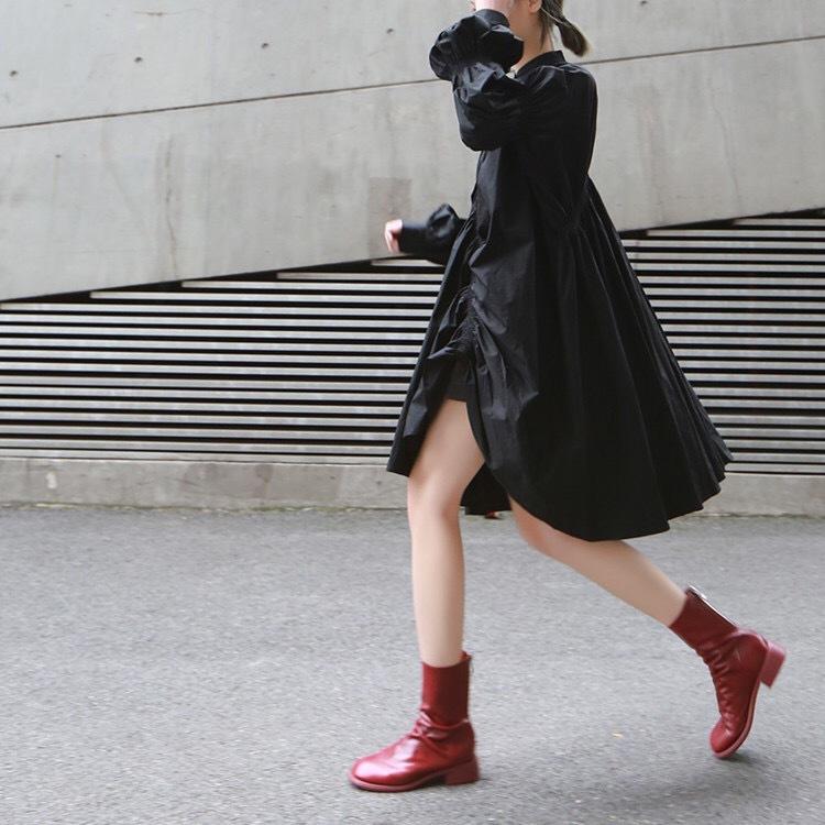 シャツワンピース 長袖 レディース シャーリング フレア シャツ