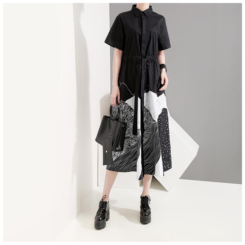 モード系 シャツワンピース 個性的 半袖 前開き ミモレ丈 膝丈 襟付き